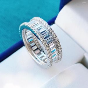 Cluster Rings European And American Double Row Full Diamond Gear Ins Fashionable S925 Silver Ring Ladder Square Cut Emerald Cutting Hand