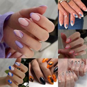 False unhas de estilo simples amêndoa destacável estilete francês Fake vestível prensa de capa total em pontas de unhas 24pcs/boxfalse