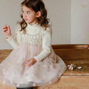 Flicka klänningar flickor klänning 2023 hösten vinter koreansk stil spets förtjockad prinsessan avslappnad enkel söt söt söt