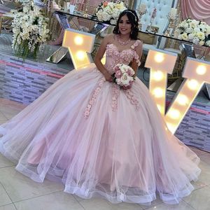 Pembe bir omuz balo elbisesi quinceanera elbiseler 3d çiçekler boncuk tatlı 15 doğum günü balo elbisesi mezuniyet parti elbise