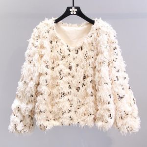 Women's o-neck long sleeve loose knitted paillette sequined warm sweater tops jumpers SMLXLXXL