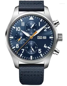 Relógios de pulso Mens Pilotos Mecânicos Assistem Automático Azul Dial Canvas Preto Marrom Couro