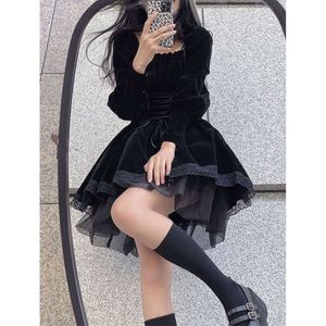 Haruku klänning kvinna fyrkantig krage robe bandage tunic veet vestidos koreanska y k söt puff hylsa svarta miniklänningar kvinnor