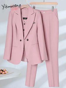 Calças femininas de duas peças Yitimuceng Office Ladies 3 Set S Outifits 2023 Turn Down Collar Double Breasted Blazer V Neck Coletes Sólidos Pant Suits 231123