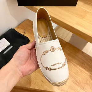 Leather Embroidered Lettering Linen Slip On Espadrilles Shoes JUTE Sole Spring Flats Loafers Hand Made Luxury Designer Shoe For Women Casual Luxe Factory 982