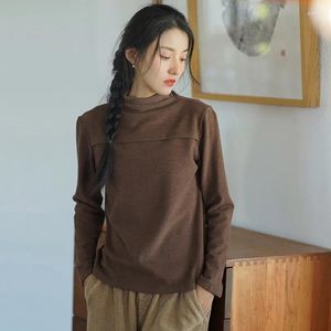 女性のTシャツQPFJQD 2023秋冬女性ヴィンテージハーフネックデヴァイズTシャツファッションレトロ長袖ソリッドカラー