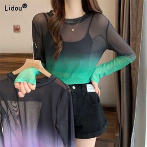 Womens T-Shirt Sexy Mesh Gradient Color T-Shirts Hollow Out O-Neck 2022 New Summer Womens Clothing All-match Outer Wear Sunscreen Long Sleeves luly