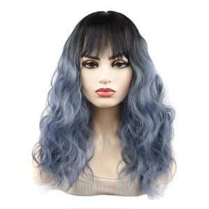 カラーウィッグヘッドカバーQi Bangs Curly Hair Black Haze Blue Color Head Coverミディアムとロングウォーターリップルフェイクヘッドカバー