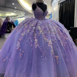 Lavender Shiny Ball Gown Quinceanera Dresses Applique Lace Beaded Celebrity Party Gowns Sequined Graduation Vestido De 15 Anos Robe De