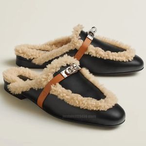 Designer women mules sheepskin fur slippers winter dress shoes sandals top quality classics buckle flat heels comfortable warm wool half dragging