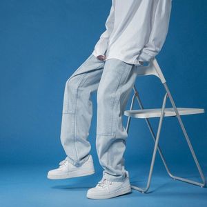 Jeans masculinos icclek 2023 calças finas de outono soltas de perna reta de uma perna larga roupas retalhos de retalhos