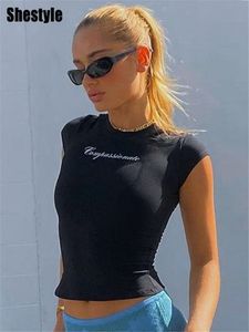 女性用Tシャツシーチルブラックレタープリント半袖Tシャツ丸い首のボディーコンストリートウェアプレッピースタイルクロップトップススキンケア女性230422