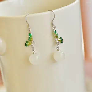 Dangle Earrings 2119# Sweet Lady Women Butterfly Round Bead HETIAN White Jade S925 Pure Silver Natural Nephrite Cheongsam