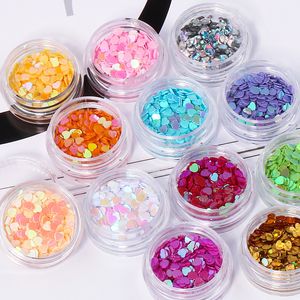 12 Vasi/set Cuore Nail Art Glitter Forme di cuore Coriandoli Paillettes Punte acriliche Decorazione gel UV 100 set