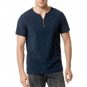 Herren T-Shirts Navy V-Ausschnitt Baumwolle Leinenhemd Herren 2023 Marke Slim Fit Kurzarm Hippie Lässig Sommer Banded Collar Beach Tops