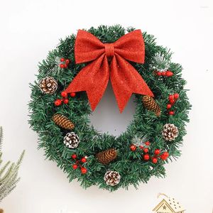 Decorative Flowers Christmas Round Wreath Battery Powered 40CM Wreaths Ornaments Realistic Plastic With Red Bow Light Up For Front Door Wall