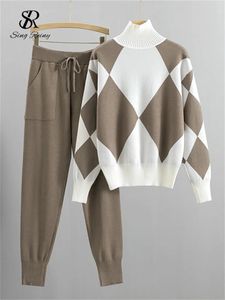 Женские брюки из двух предметов SINGREINY Трикотажные костюмы Клетчатый пуловер с полувысоким воротником Карандаш на шнурке Зимние модные женские комплекты свитеров 231123