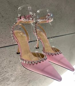 Kadın pompalar payetler kristal ayak bileği kayış sivri uçlu yüksek topuklu ayakkabılar bayanlar tasarımcı sandalet