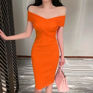 Women's casual dresses candy color v-neck short sleeve off shoulder sexy knitted knee length vestidos