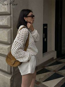 Knit Hollow Out Poleśnia swobodna kurtka bombowca z długim rękawem Kobieta jesienna Fasion Streetwear Beige Lady Lady Pleats