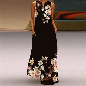 Casual Dresses Summer For Women 2023 Ärmlös tryck V Neck Maxi Loose Dress Boho Long Sundress med fickor i kvinnors