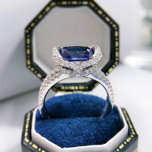 Prezioso anello di diamanti con zaffiro 100% vero argento sterling 925 Fedi nuziali per feste per donna Uomo Promessa Gioielli di fidanzamento