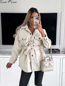 Belt Woolen Jacket Women Autumn New Waist Pocket Single Breasted Female Casual Coat Turndown Collar Solid Lady Outwear