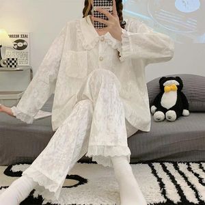 Kadınlar için Kadınlar için Kadınlar İçin Kadınlar İçin Kadınlar İçin Bahar Sonbahar Uzun Kollu Pantolon Ev Takımında Gevşek Beyaz Nightwear