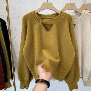 Kvinnors tröjor mode ihåliga knappar all-match stickad tröja kvinnliga kläder 2023 Autumn Winter Korean Pullovers Casual Tops