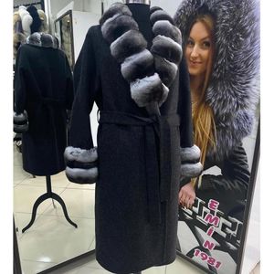 Casaco de inverno de lã falsa de pele feminina jaqueta longa real rex coelho gola punhos caxemira senhoras 231122