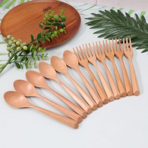 Dinnerware Sets 6-12pcs Wood Tableware Kitchen Cutlery Set Grade Natural Eat Soup Spoons Forks Japanese Vintage Portable