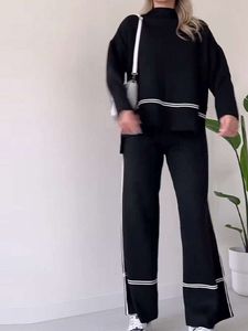Panelowy dzianinowy garnitur kobiety proste długie rękawy swetry szerokie nogi spodnie kobiece zestaw kawałek luźne zwykłe zestawy dam