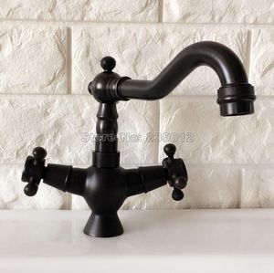 Rubinetti per lavabo da bagno Bronzo lucidato a olio nero Rubinetto per lavabo a doppia maniglia Rubinetti per miscelatore per imbarcazione Rubinetti con beccuccio girevole Acqua fredda Wnf360