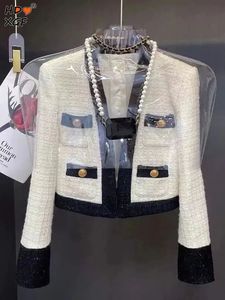Damen Jacken Elegant Luxus Tweed Patchwork Für Frauen Frühling Herbst Vneck Einreiher Kurze Outer Casual Allmatch Mantel Top 231123