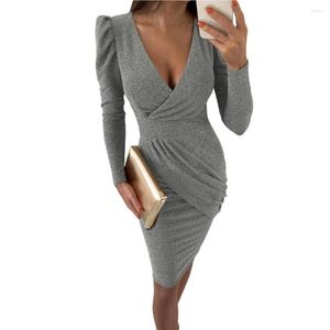Casual Dresses Women Formal Dress Shiny Deep V Neck Hip Wrap Streetwear Spring Autumn Slim Fit Gleats for Evening Party Bankett