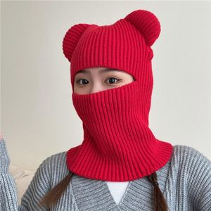 Berets Autumn Knitted Hat Pullover Cap Bear Ears Outdoor Winter Warm Riding Windproof Integrated Scarf Beanie Hats