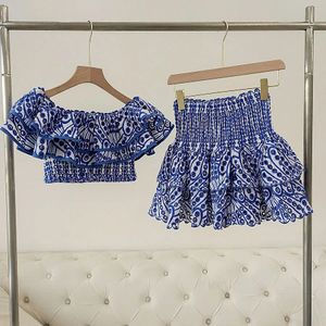 Skirts 2023 Summer Women Slash Neck Ruffle Embroidered Cropped Top Skirt Set 231123