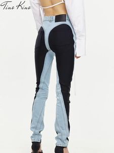 Frauen Hosen Mode Patchwork Colorblock Jeans Hohe Taille Dünne Beiläufige Gerade Denim Bleistift Weibliche 2023 Streetwear 231123