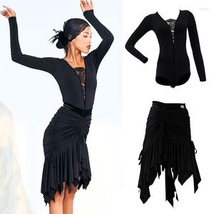 Stage Wear High-End Latin Dance Performance Costumes For Women Black Long Sleeved Tops Irregular Skirt Suit Adult Clothing