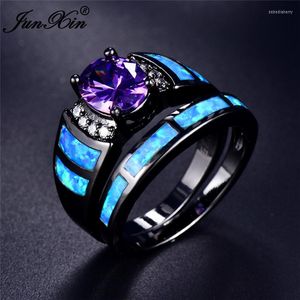 Wedding Rings Boho Female Purple Stone Ring Set Vintage Black Gold Opal For Women Promise Love Zircon Engagement