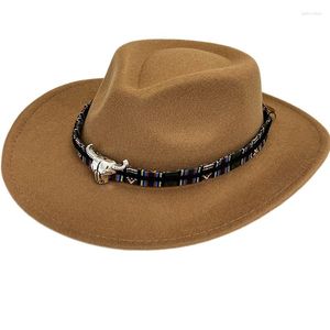 Basker cowboy hatt tjur huvud dekorativt band unisex varm konstgjord ull blandning enkel bred västerländsk brown cap grossist