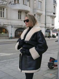 Модное теплое кожаное меховое пальто, женское зимнее пальто с длинным рукавом, шикарное пальто с лацканами, женская уличная черная женская велосипедная куртка
