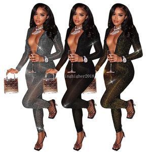 Designer Sexy rückenfreie Overalls für Damen, figurbetont, langärmelig, aushöhlen, tief durchsichtig, V-Ausschnitt, Overalls, Nachtclub, Kleidung im Großhandel