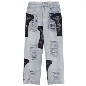 Men's Jeans Men's High Street Destroyed Pants With Patchwork Fashion Loose Fit Y2K Denim Trousers Streetwear Oversized Hip Hop Bottoms