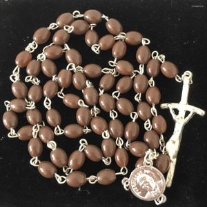 Pendant Necklaces 8 6mm Silver Plating Chain Oval Brown Glass Bead Rosary Cute Pope For Italy Market