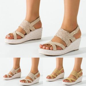 Sandaler Kvinnor Fashion Womens Wedges Tan Heel för bekväm klänninglig skjutreglage