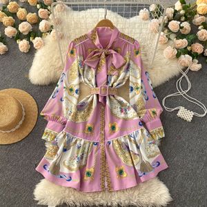 New Spring/Summer Dress with Bow Tie Leading Long Sleeves and Belt Fit Printed Shirt Dress Single breasted Dress