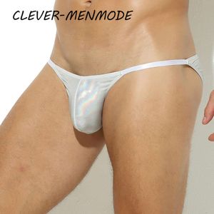 Cueca masculina patente baixa cintura alta divisão pu mini bolsa roupa íntima de couro sintético sem costura calcinha erótica