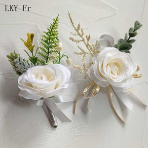 Other Fashion Accessories LKY Fr Boutonniere Wedding Flowers Wrist Corsage Bracelet Ivory Silk Rose Groom Buttonhole Bridesmaid Marriage Bride Access J230422