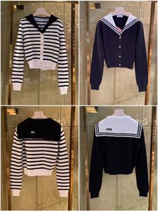 Women Knitted Sweater cardigan Sailor Collar Stripe Contrast Color Knit Shirt
